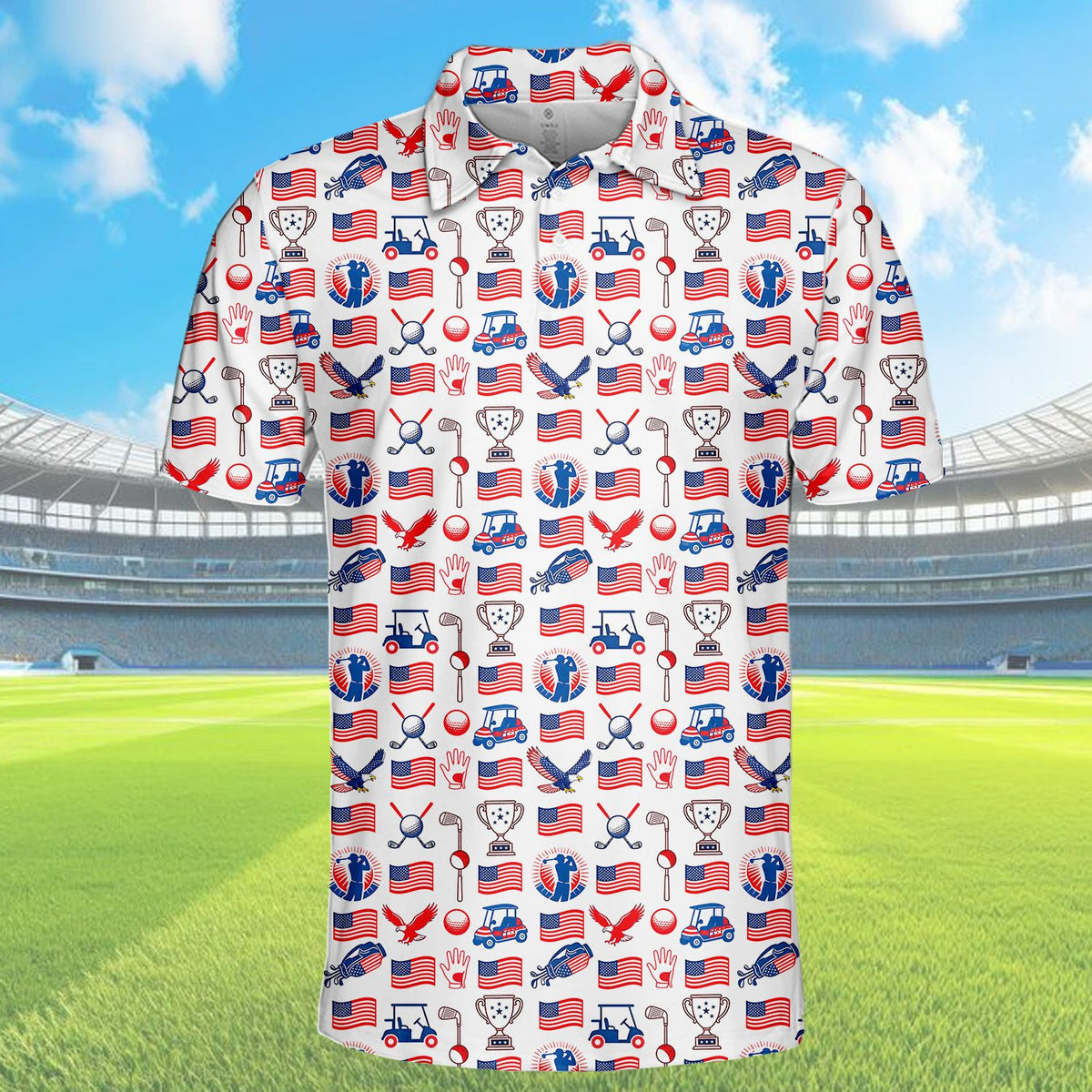 Close up front view of the patriotic golf polo shirt pattern