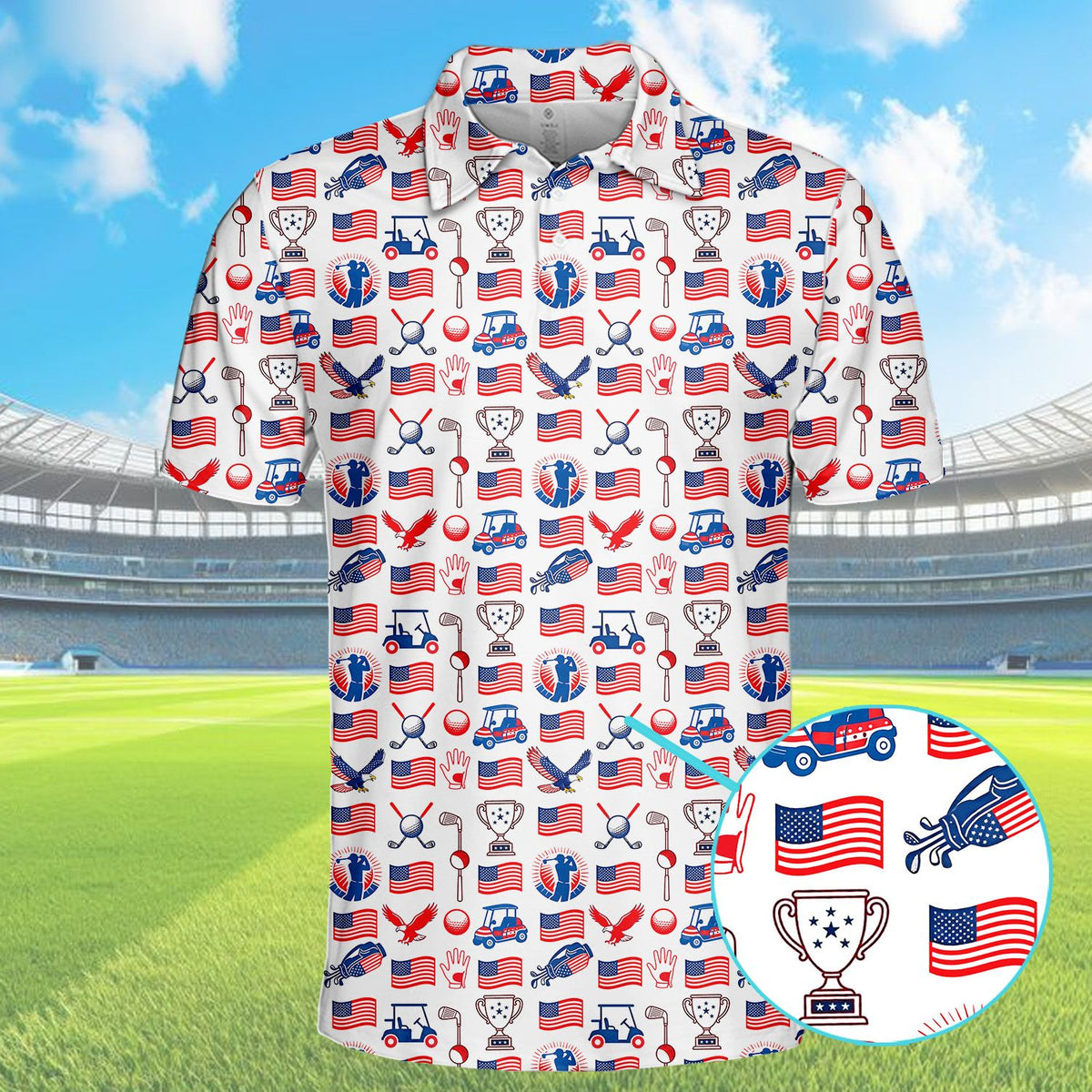 Another front angle view of the patriotic golf polo shirt