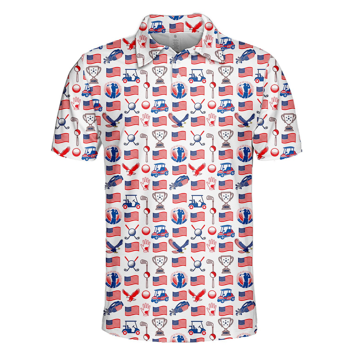 Detailed front view of the patriotic golf polo shirt collar and design