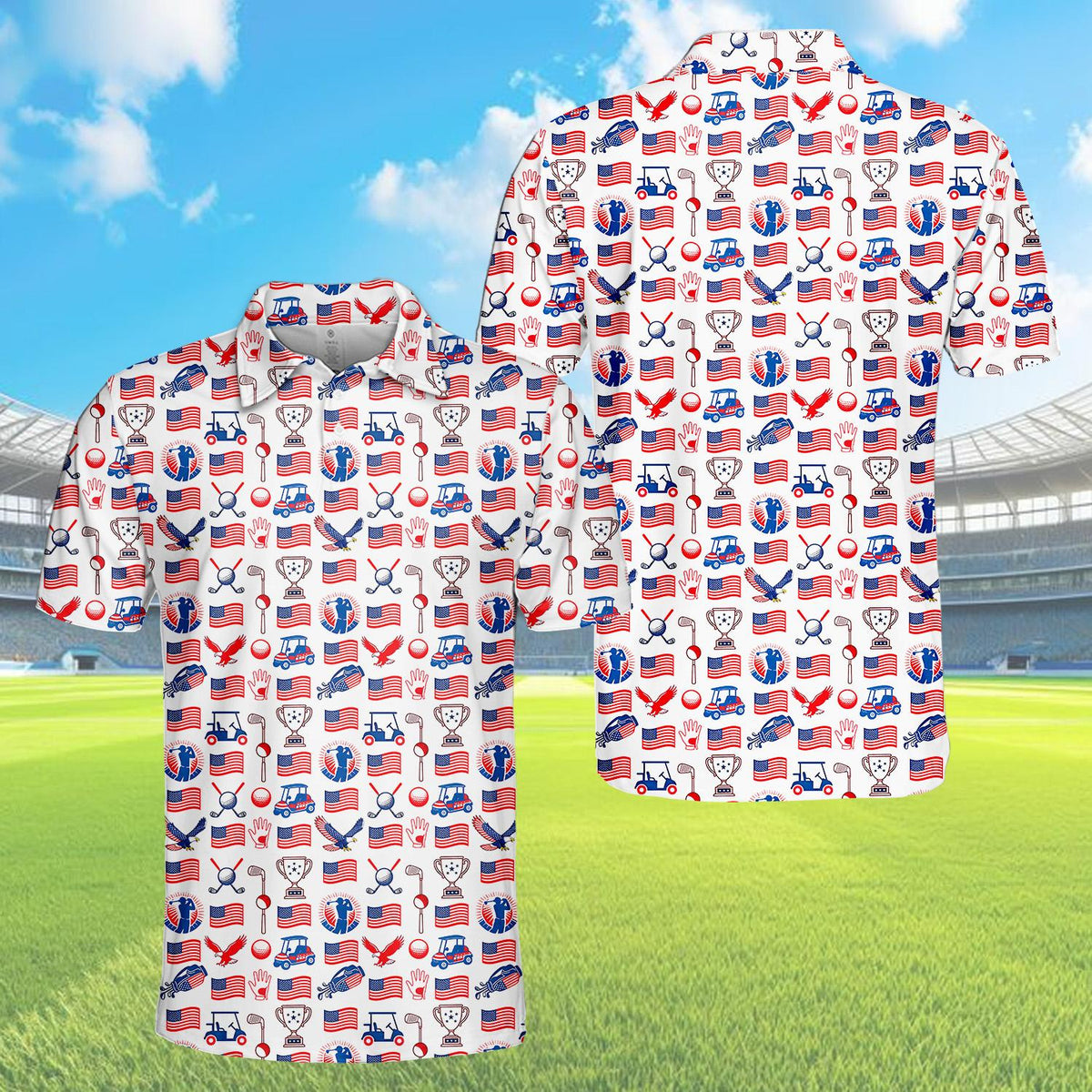 Full front view of the patriotic golf polo shirt
