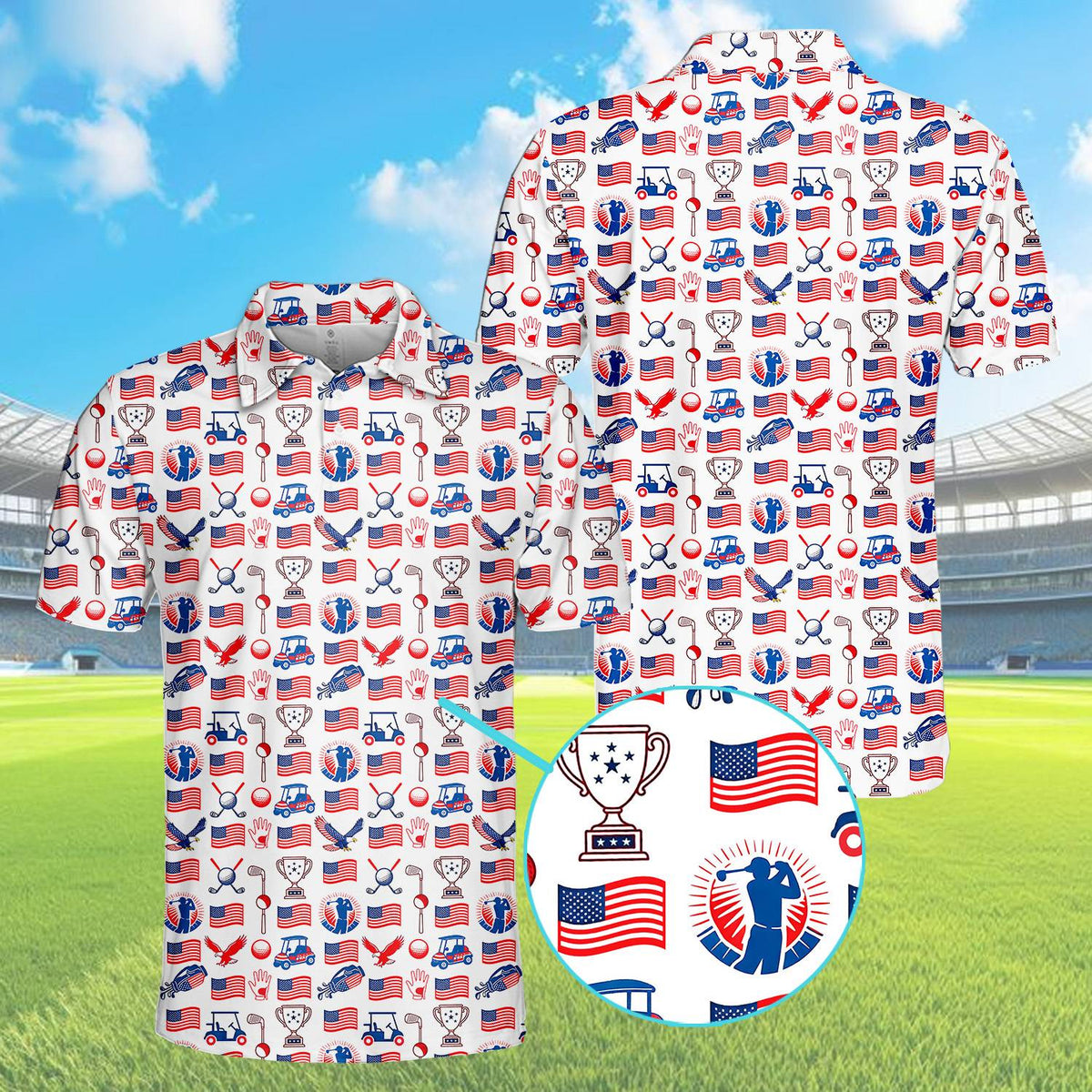 Main view of patriotic golf polo shirt with flags and eagles pattern