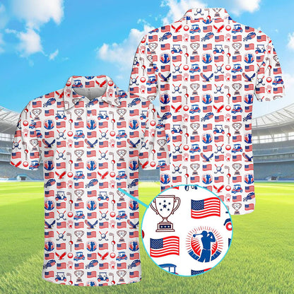 Front view of the patriotic golf polo shirt in red, white, and blue