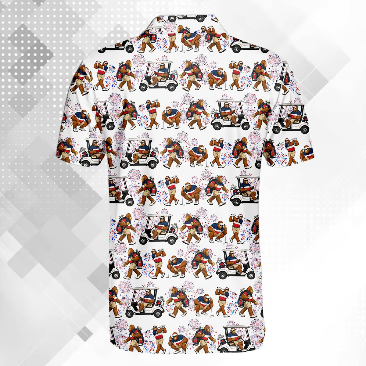 Detailed back view showing fireworks and golf carts on the polo shirt