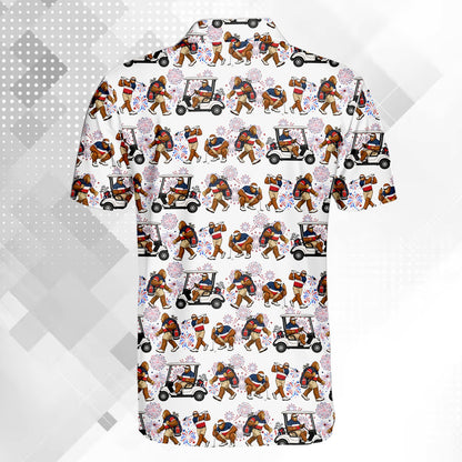 Detailed back view showing fireworks and golf carts on the polo shirt