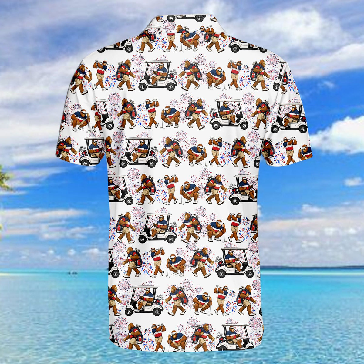 Full back view of the white patriotic polo shirt