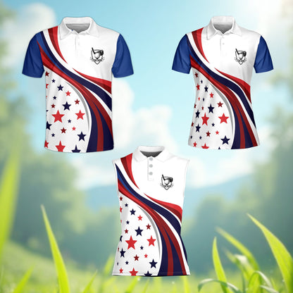 White patriotic golf polo shirt featuring red and blue stars with a custom name, main view