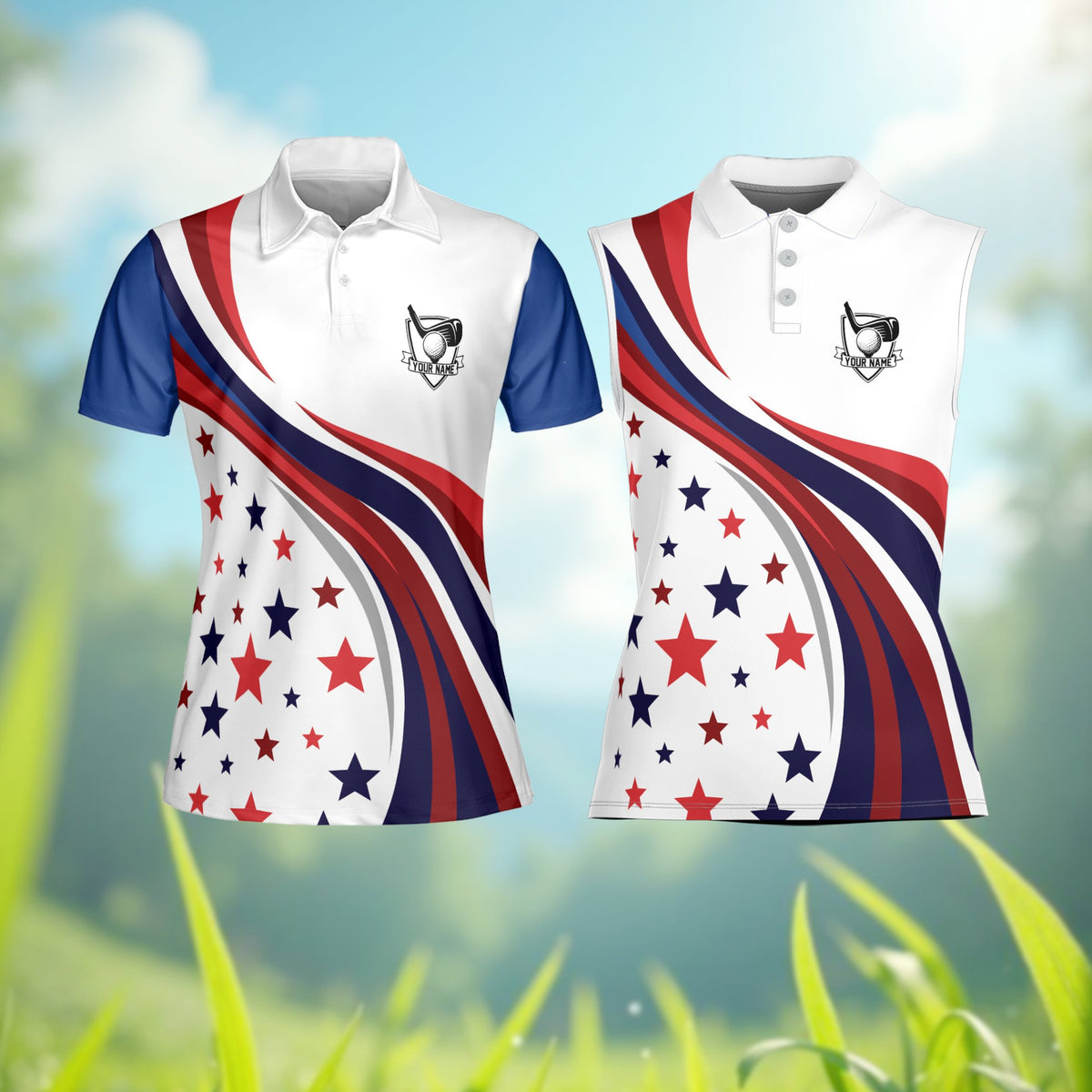 Detailed front view of the custom white polo shirt highlighting the golf logo and star pattern