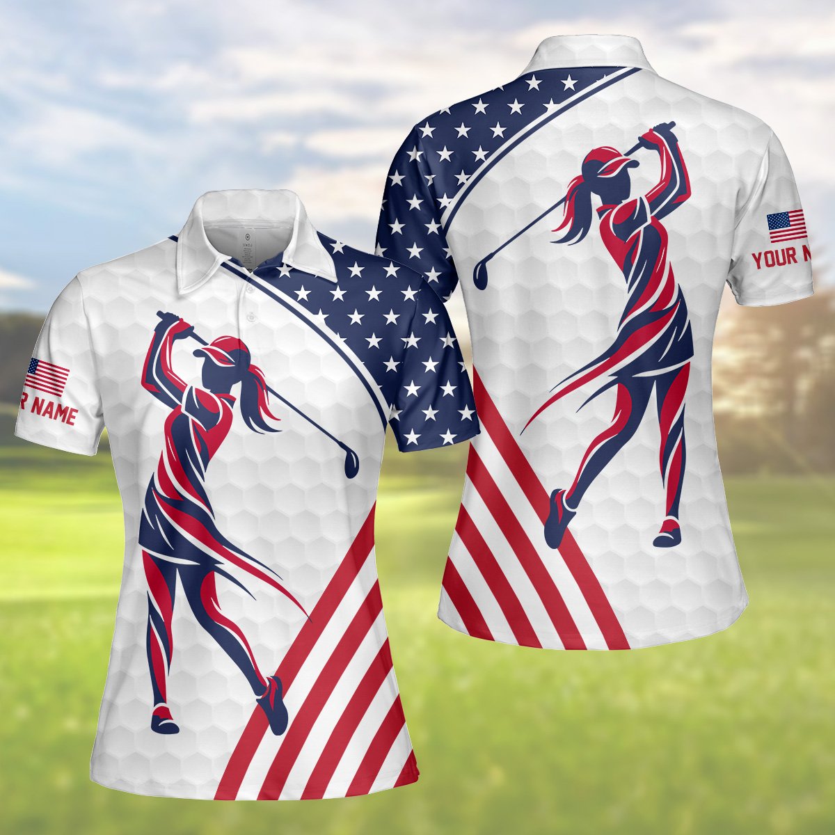 Patriotic custom polo shirt for women showing stars and red stripes on a white background, front view