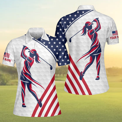 Women's patriotic golf polo shirt with custom name customization option, front view