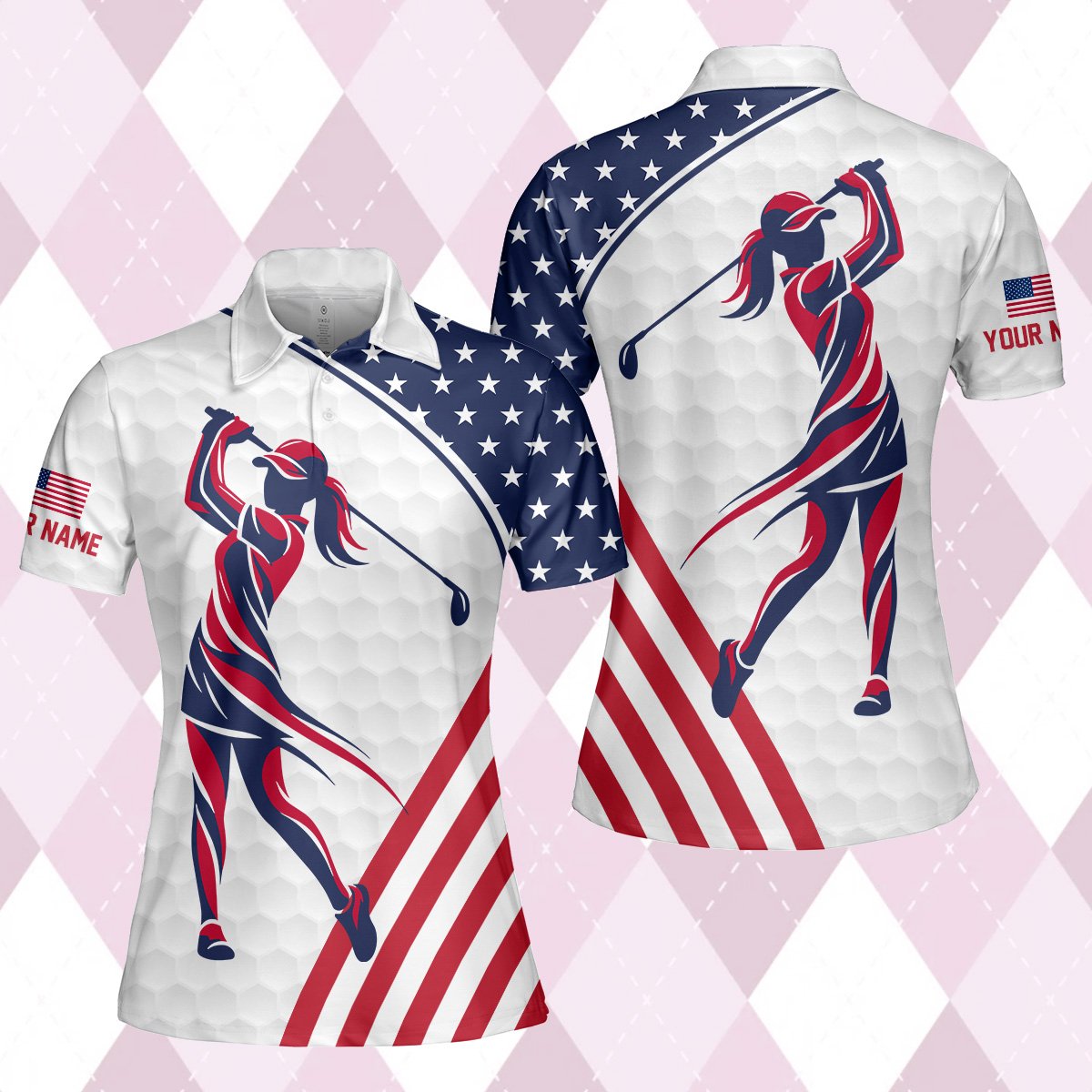 Detailed front view of the white personalized polo shirt with a female golfer and subtle dimple pattern