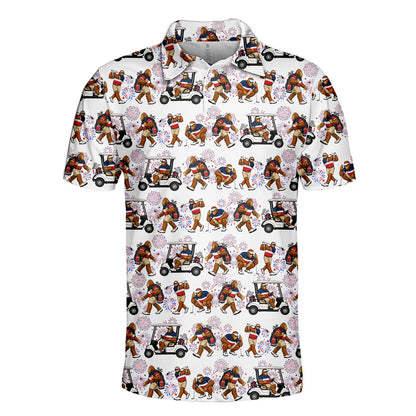 White patriotic polo shirt featuring a fun golf gorilla pattern, main front view
