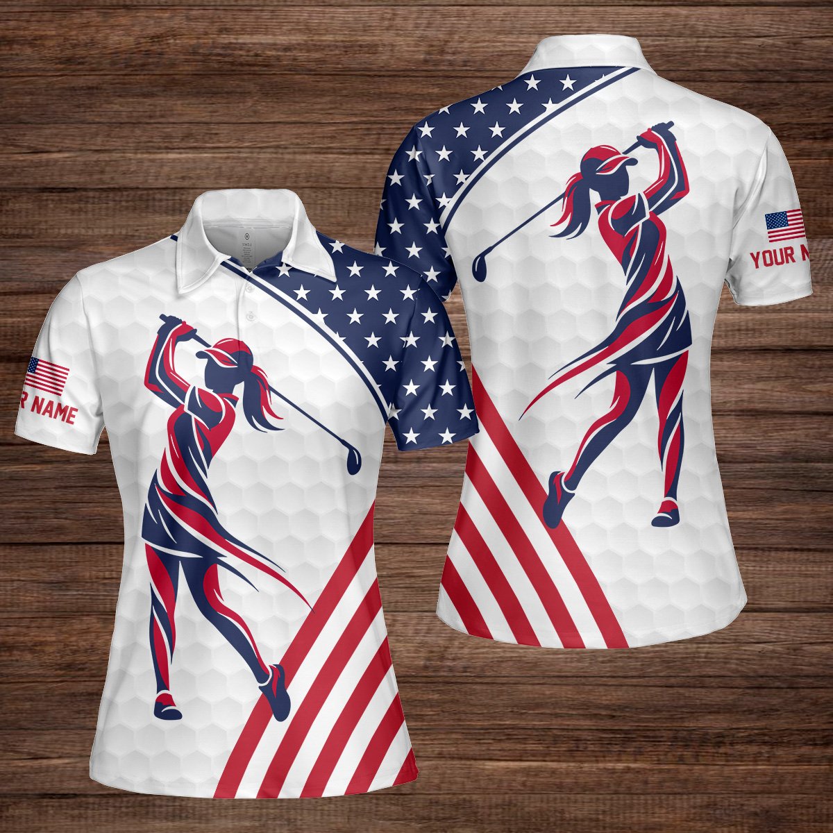 Front view of a women's personalized polo shirt featuring American flag elements and a golfer silhouette
