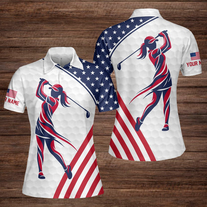 Front view of a women's personalized polo shirt featuring American flag elements and a golfer silhouette