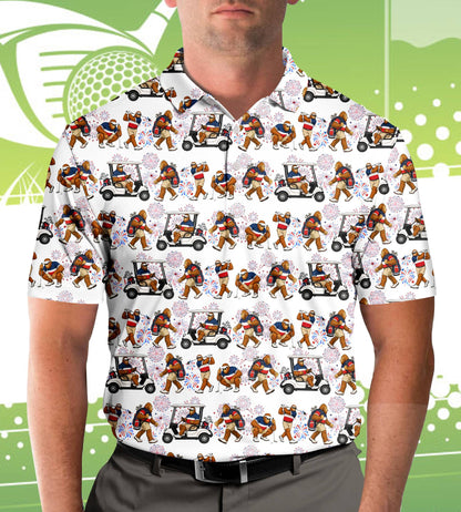 Third lifestyle view of the white patriotic polo shirt in an outdoor setting