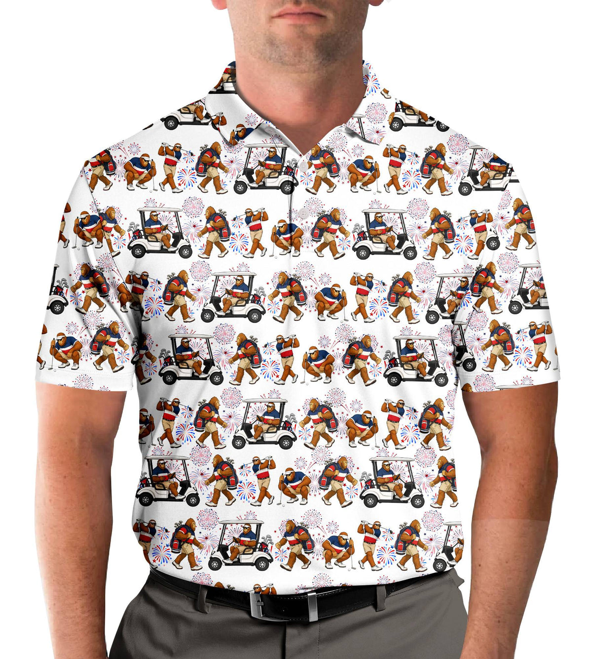 Lifestyle view of someone wearing the patriotic golf polo shirt