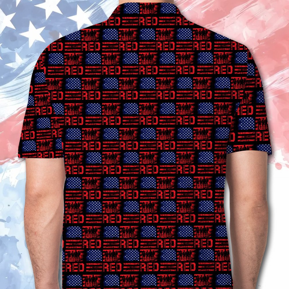 Detailed back view of the patriotic polo shirt