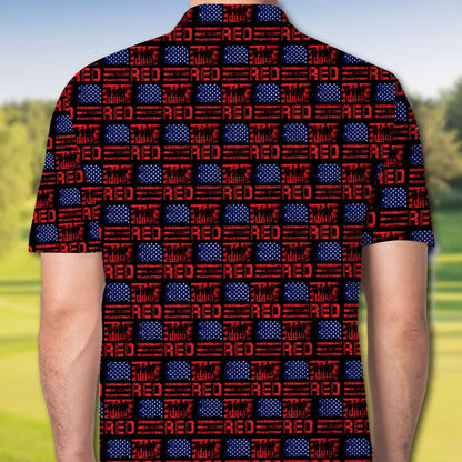 Another back view of the navy patriotic polo shirt