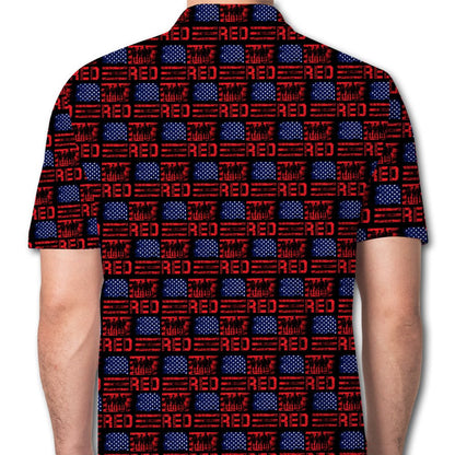 Back view of the navy patriotic polo shirt with distressed American flag design