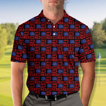 Detailed front view of the patriotic polo shirt showcasing soldier silhouettes