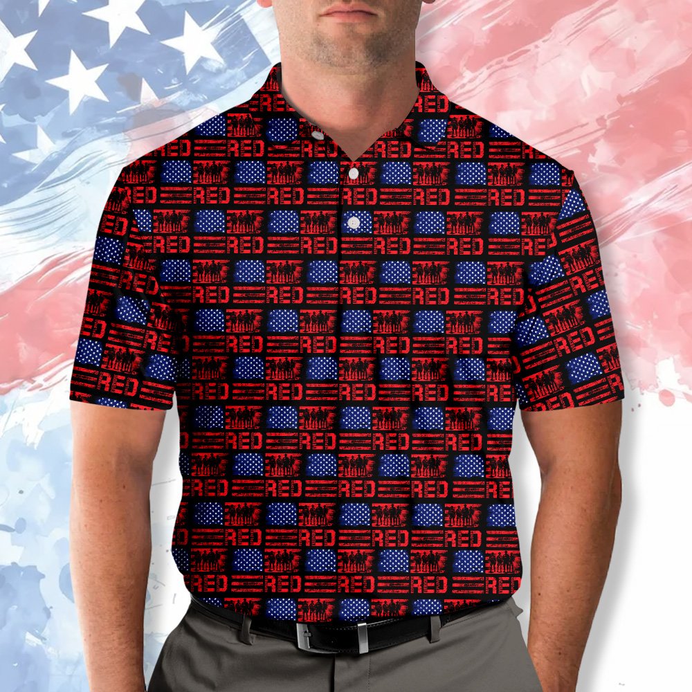 Another front angle of the navy patriotic polo shirt