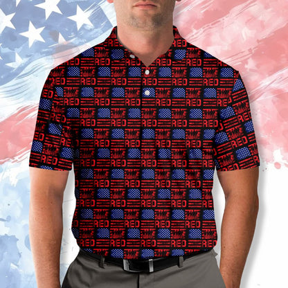 Another front angle of the navy patriotic polo shirt