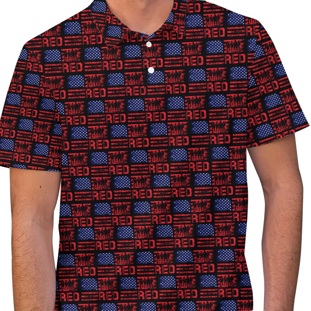 Front view of the distressed American flag polo shirt