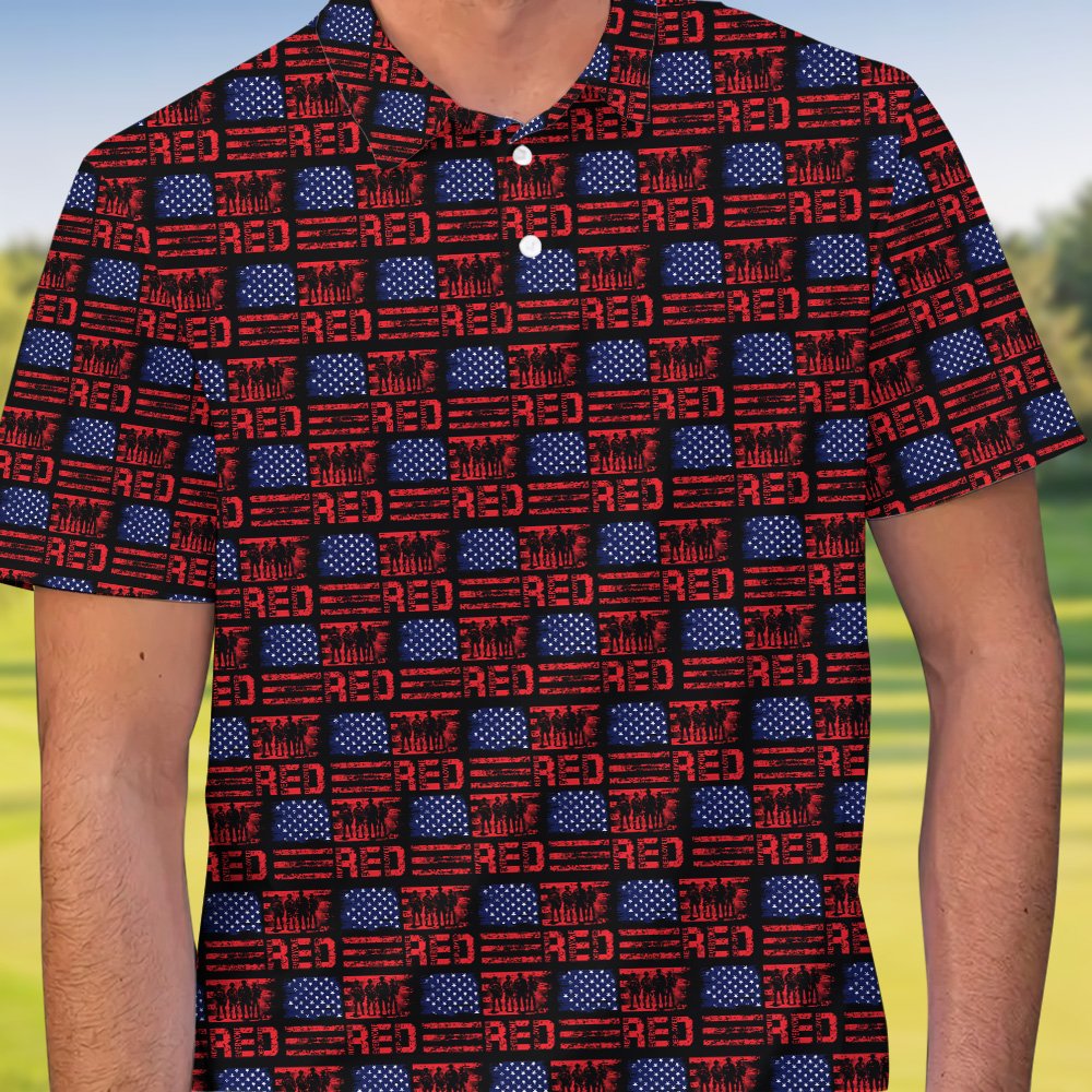 Front detail of the navy patriotic polo shirt