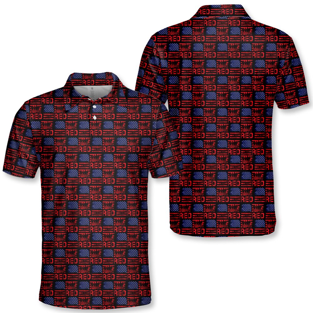 Front view of the navy patriotic polo shirt with distressed American flag pattern