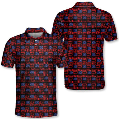 Navy patriotic polo shirt featuring distressed American flag and soldier silhouettes, main view