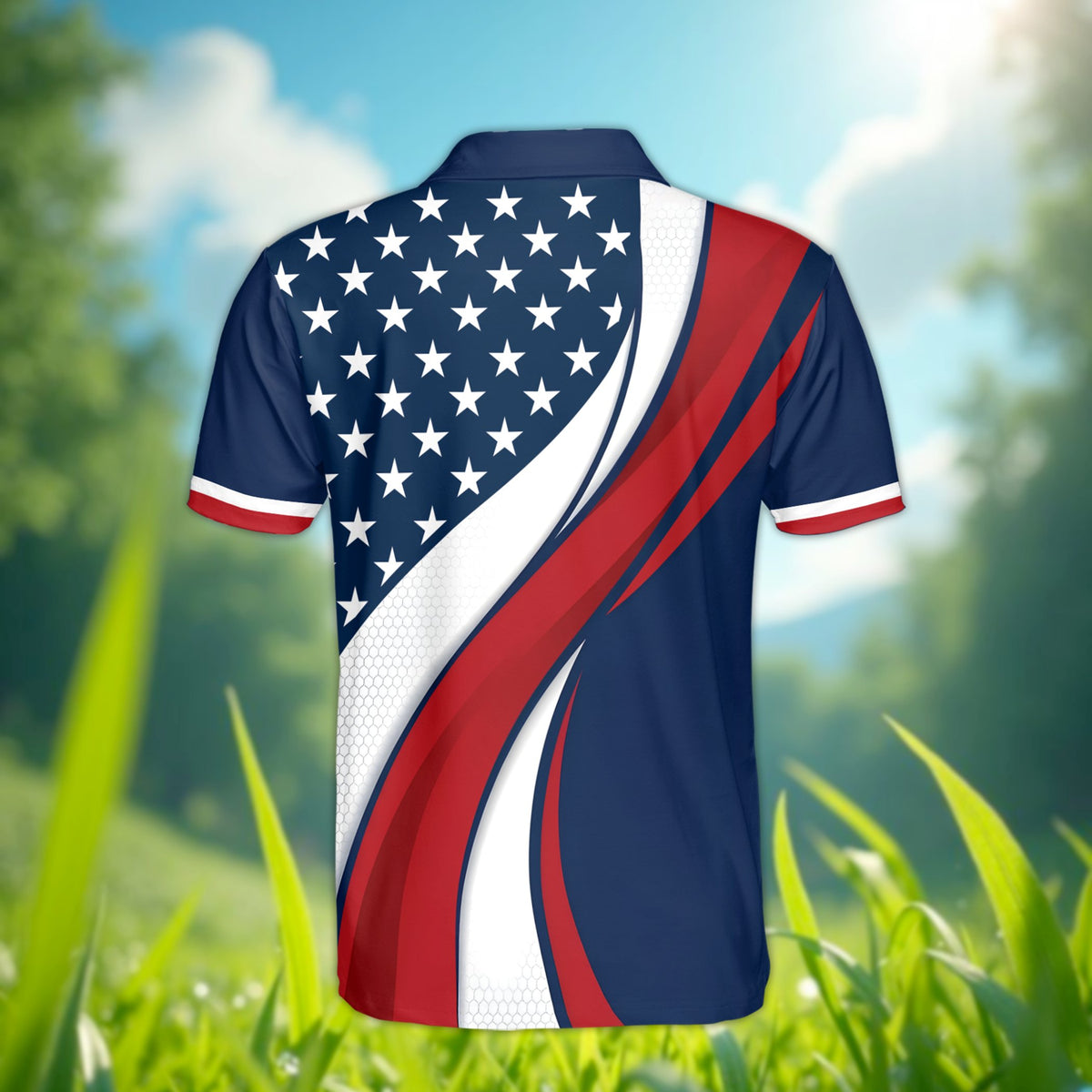 Back view of the patriotic polo shirt featuring stars and red and white diagonal curves