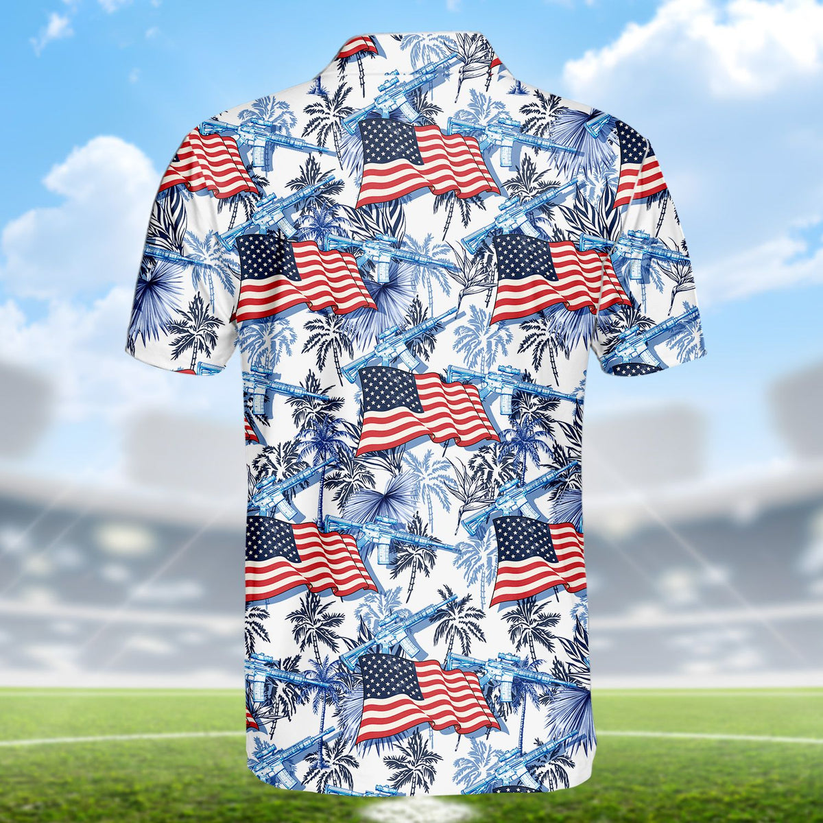 Patriotic tropical polo shirt featuring American flags and palm trees, back view alternate