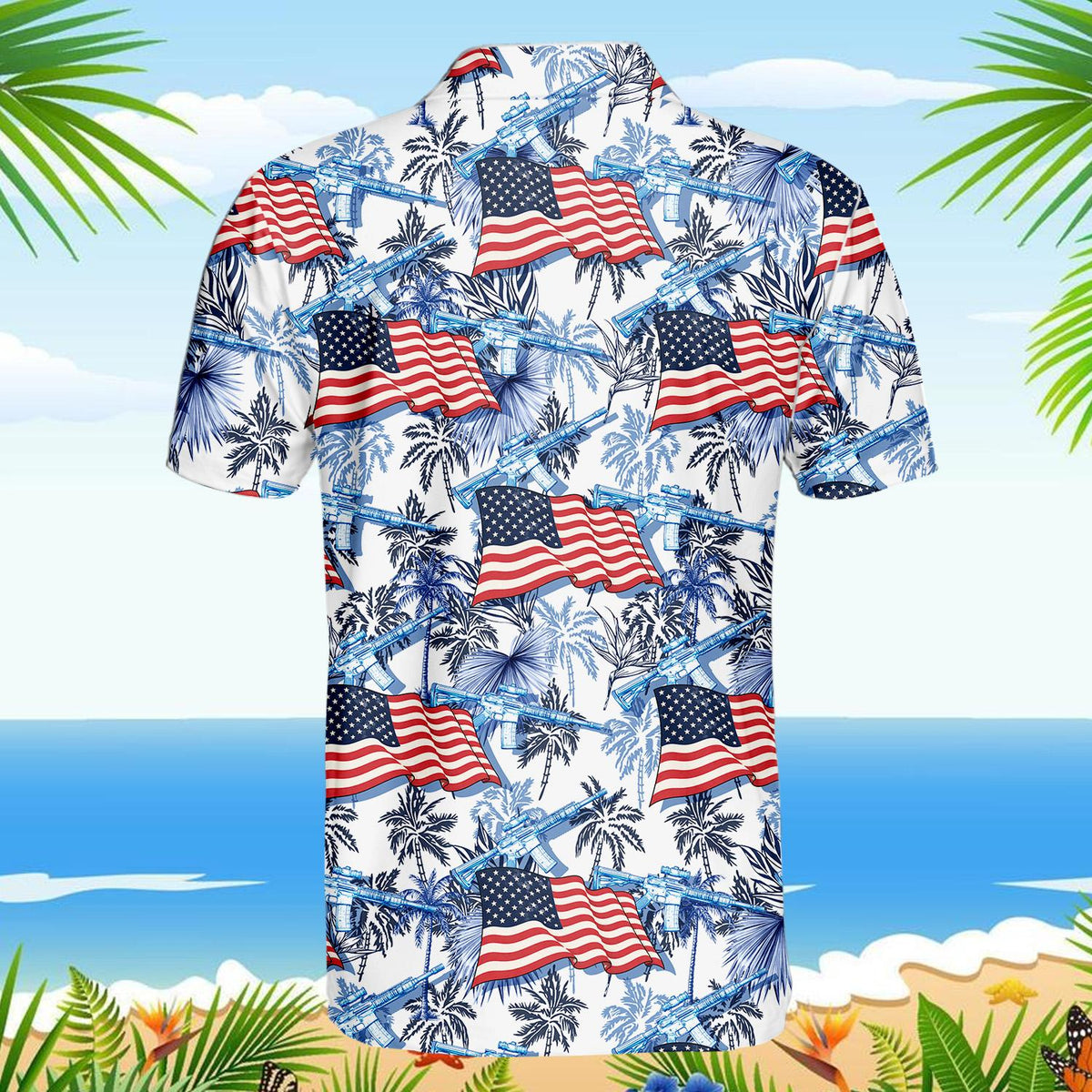 Patriotic tropical polo shirt featuring American flags and palm trees, back view