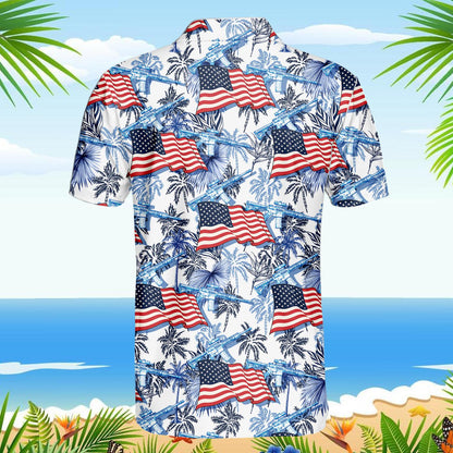 Patriotic tropical polo shirt featuring American flags and palm trees, back view