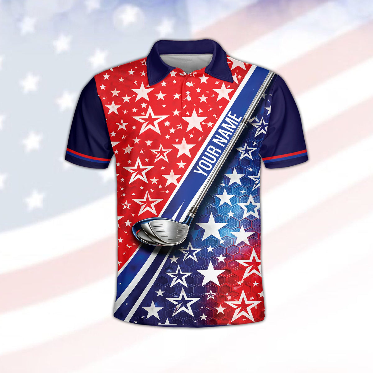 Patriotic polo shirt with custom name on a red and blue starry golf design, front view