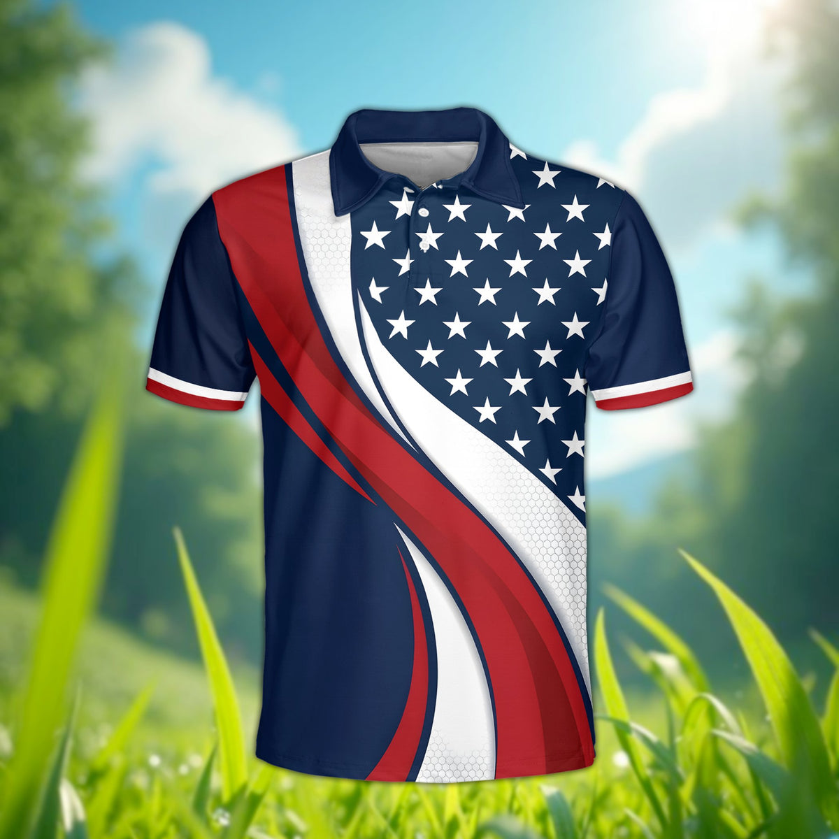 Urban abstract polo t shirt with a patriotic stars and curves design, front view