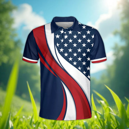 Urban abstract polo t shirt with a patriotic stars and curves design, front view