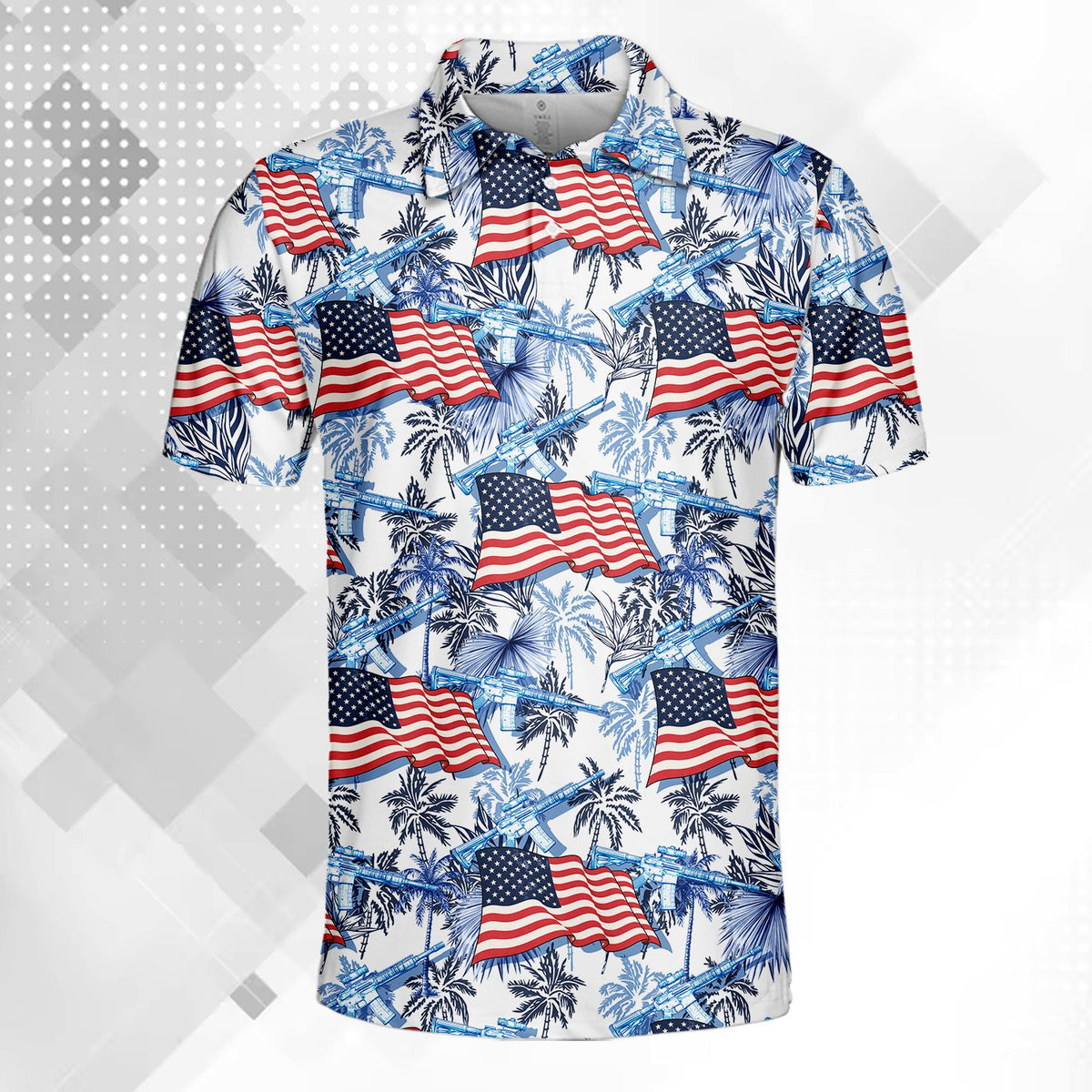 Patriotic tropical polo shirt featuring American flags and palm trees, front detail alternate