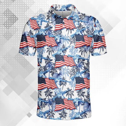 Patriotic tropical polo shirt featuring American flags and palm trees, front detail alternate