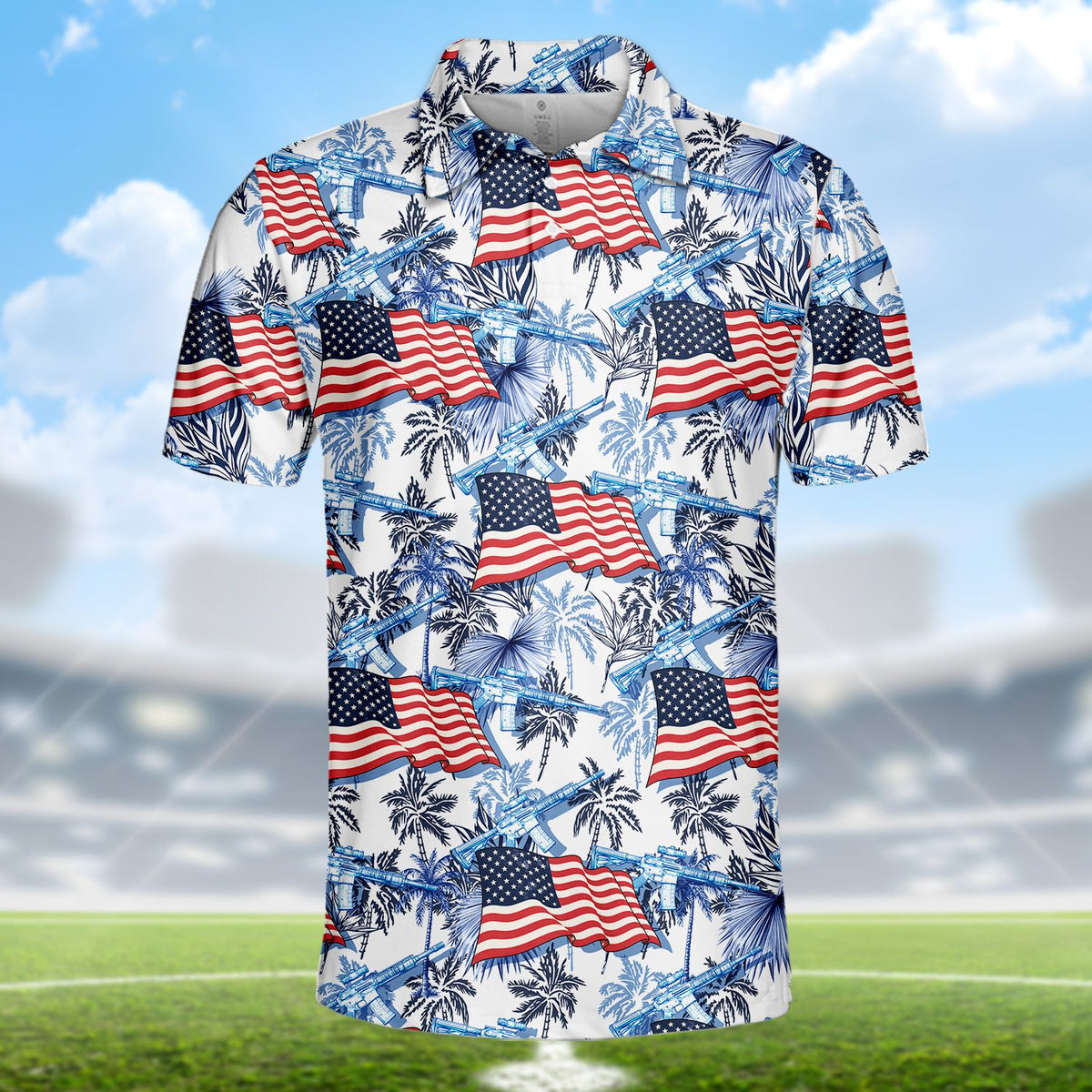 Patriotic tropical polo shirt featuring American flags and palm trees, front detail