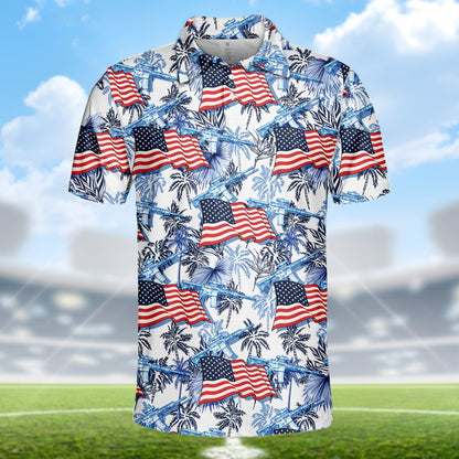 Patriotic tropical polo shirt featuring American flags and palm trees, front detail