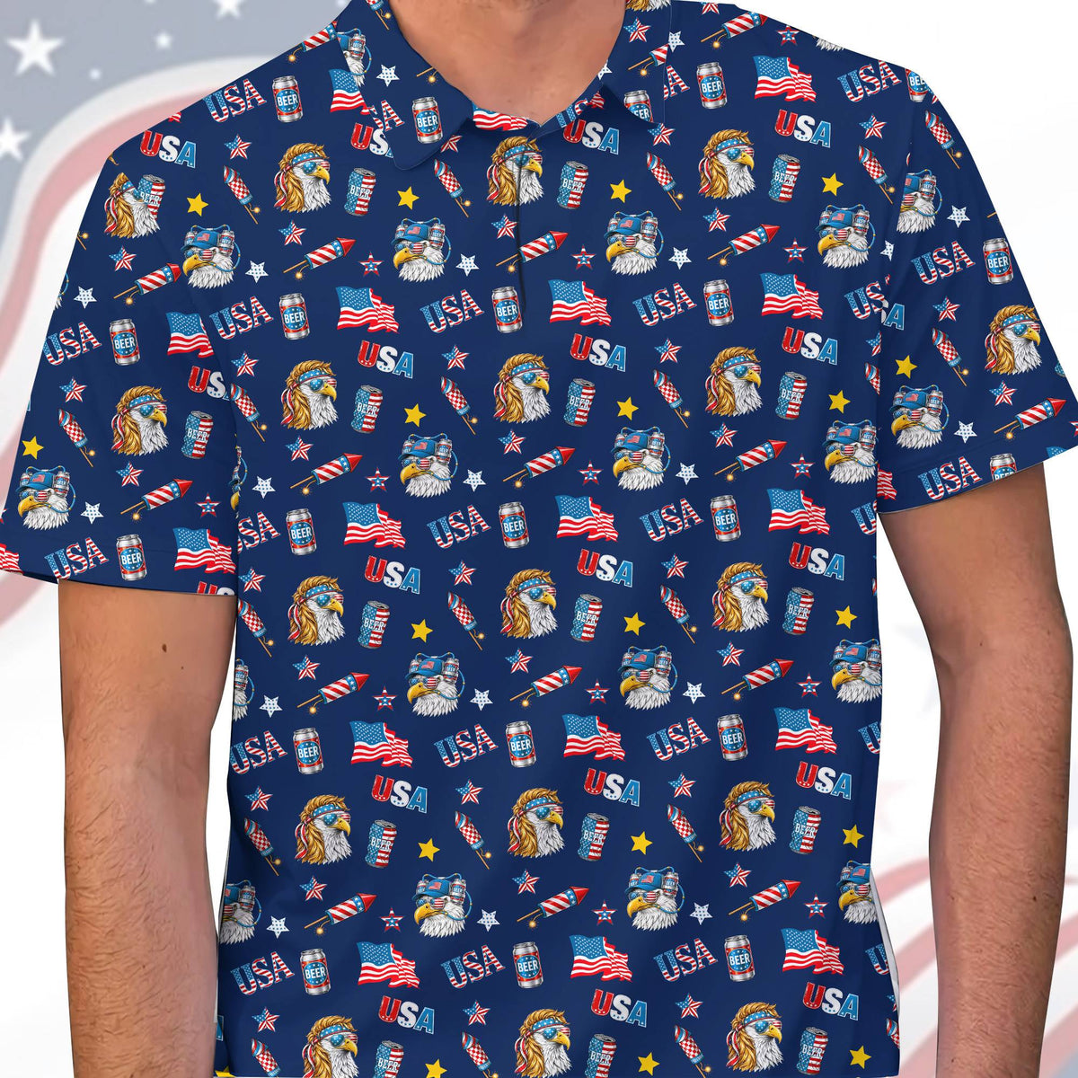 Close up detail of the polo shirt collar and patriotic design