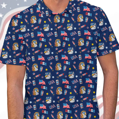 Close up detail of the polo shirt collar and patriotic design