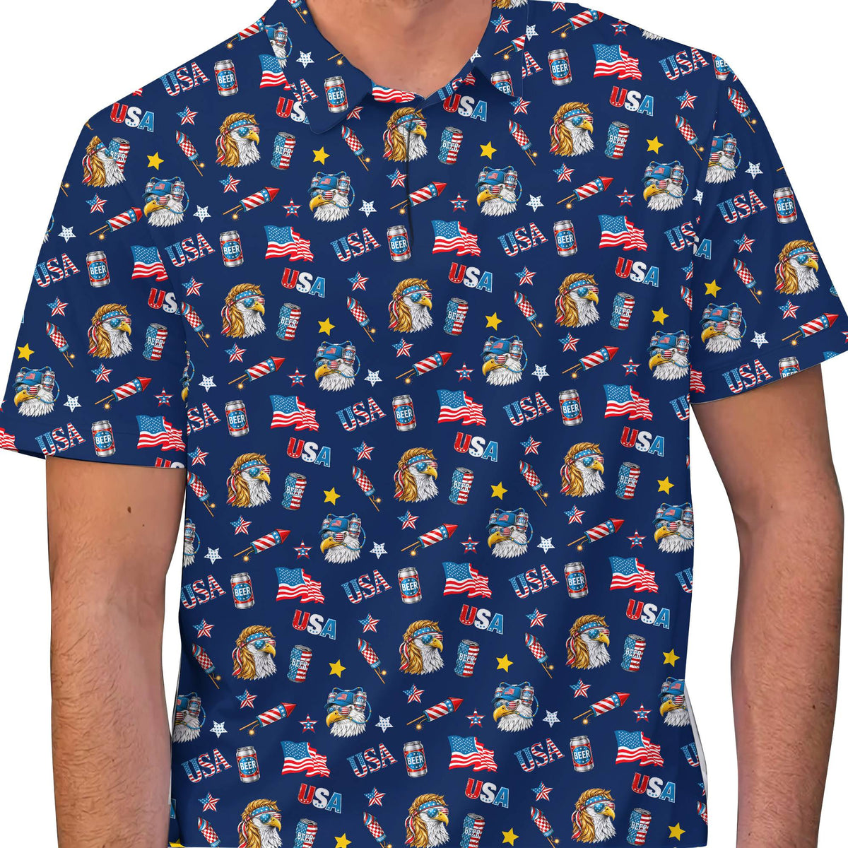 Detail view of the eagle and flag print on polyester fabric