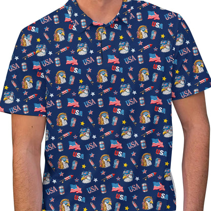 Detail view of the eagle and flag print on polyester fabric