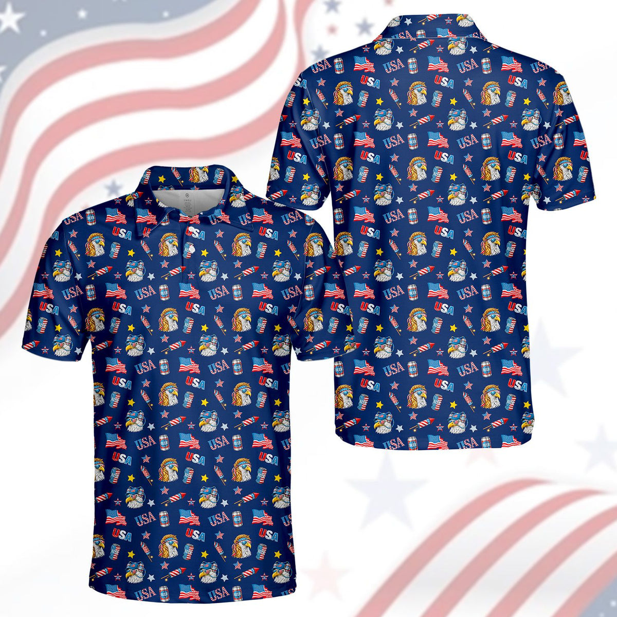 Front angle of the navy patriotic polo shirt