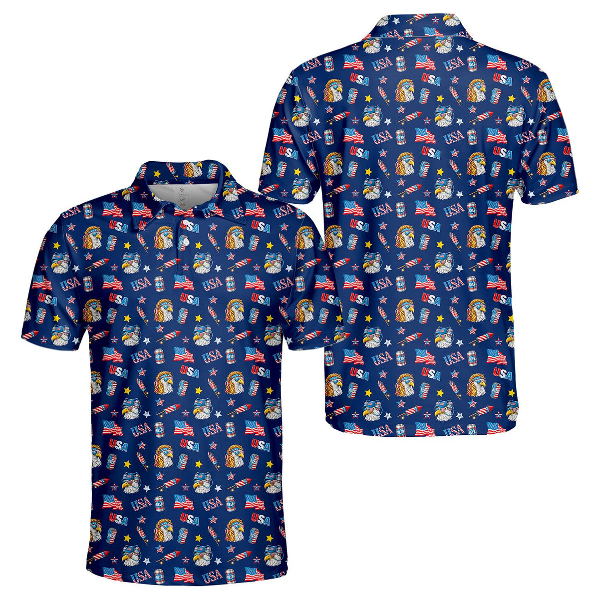 Patriotic polo shirt featuring eagles and fireworks on navy background, main view