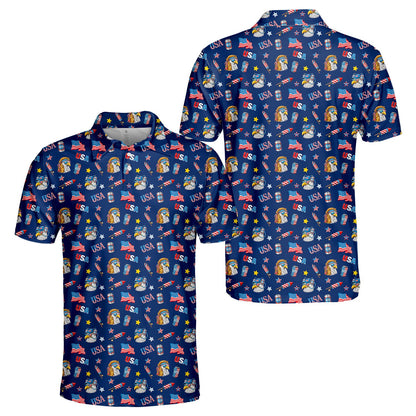 Patriotic polo shirt featuring eagles and fireworks on navy background, main view