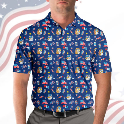 Another lifestyle view of the fourth of july polo shirt being worn