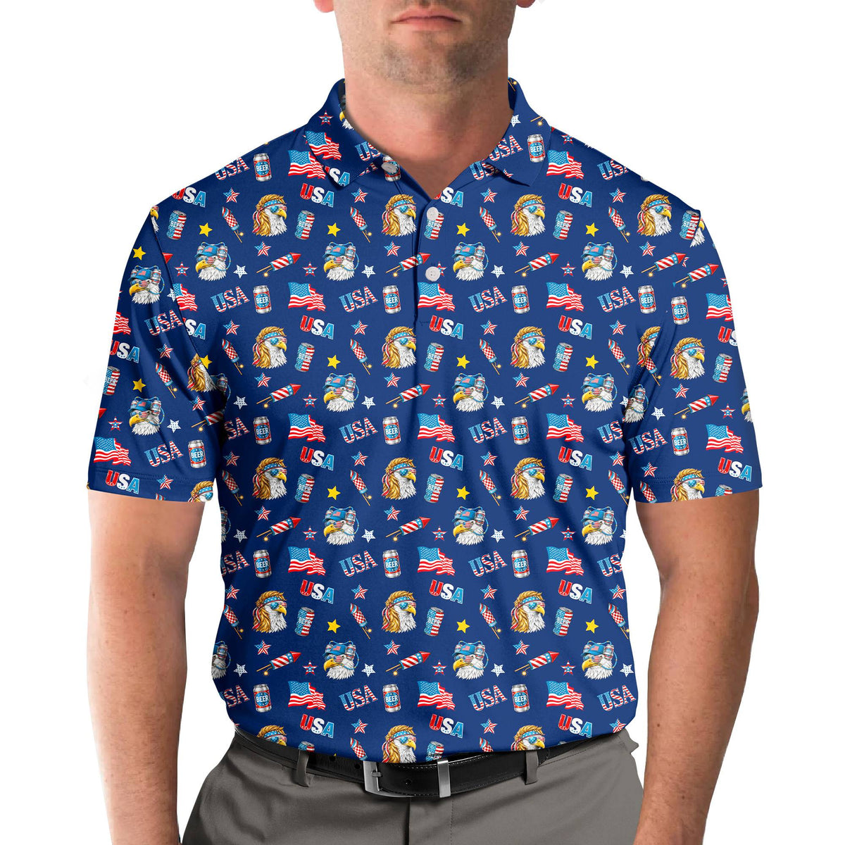 Person wearing the patriotic polo shirt outdoors in a lifestyle setting
