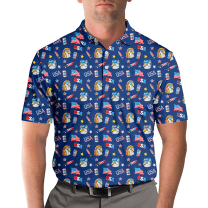 Person wearing the patriotic polo shirt outdoors in a lifestyle setting